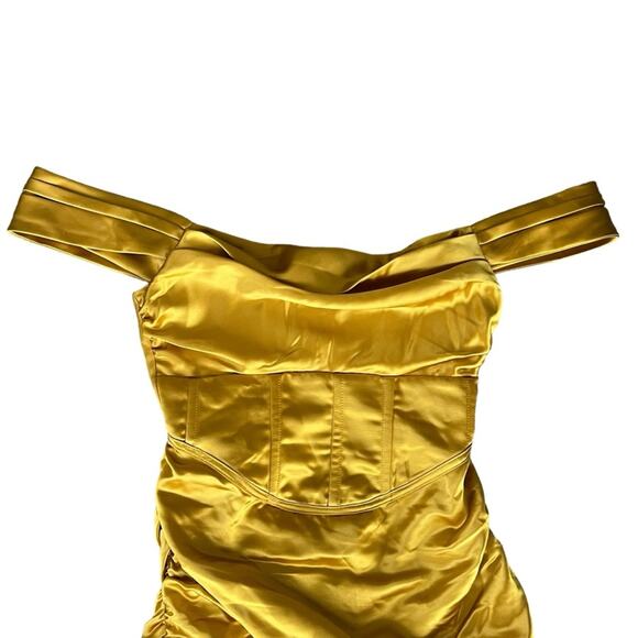 For Love & Lemons Women’s Drew Mini Bustier Draped Dress in Golden Yellow Satin - Picture 4 of 12